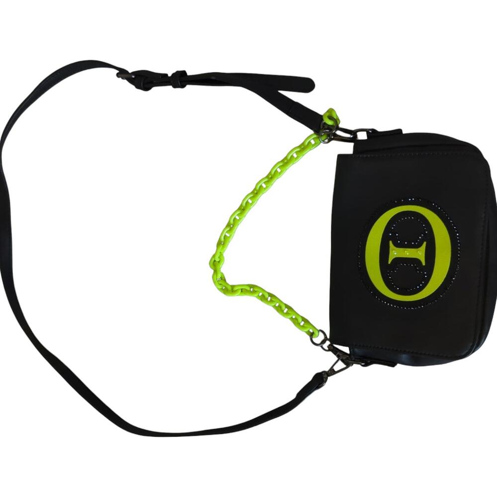 Olivia Miller Black Crossbody Bag Neon Green Chain Snap Closure
